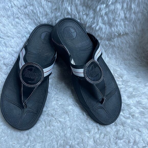 Fitflop black leather and fabric wedge thong sandals size 8 - Picture 4 of 10